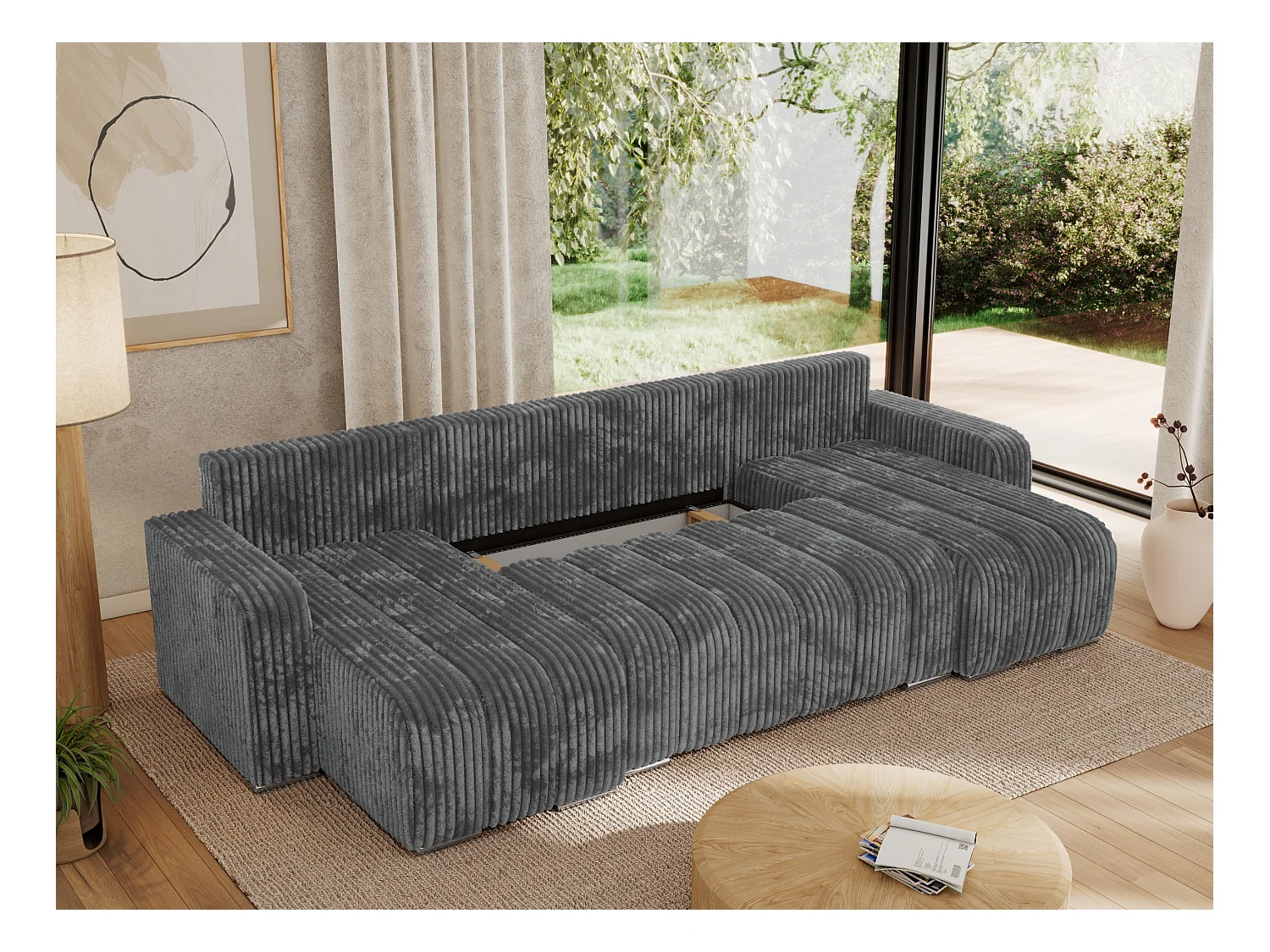 Ecksofa KIRASSO U - Wohnlandschaft, Schlaffunktion und Bettkasten, Couch U-form, lose Kissen - Dunkelgrau Cord