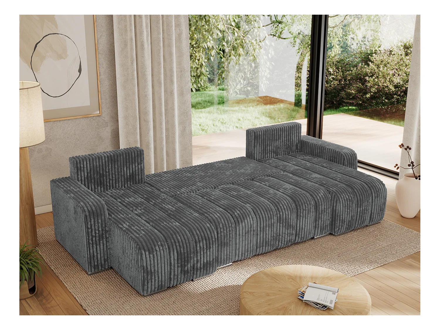 Ecksofa KIRASSO U - Wohnlandschaft, Schlaffunktion und Bettkasten, Couch U-form, lose Kissen - Dunkelgrau Cord