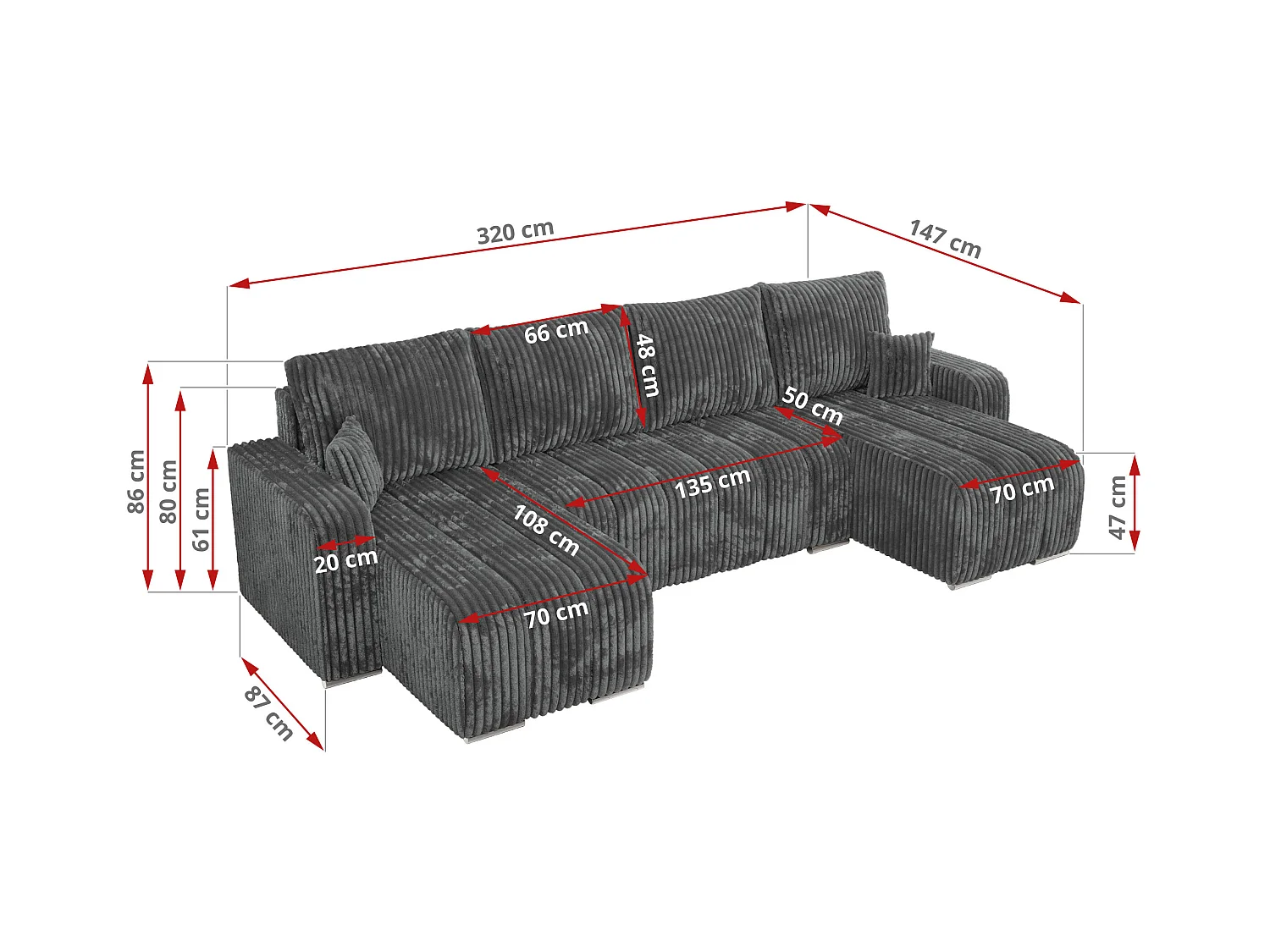 Ecksofa KIRASSO U - Wohnlandschaft, Schlaffunktion und Bettkasten, Couch U-form, lose Kissen - Dunkelgrau Cord