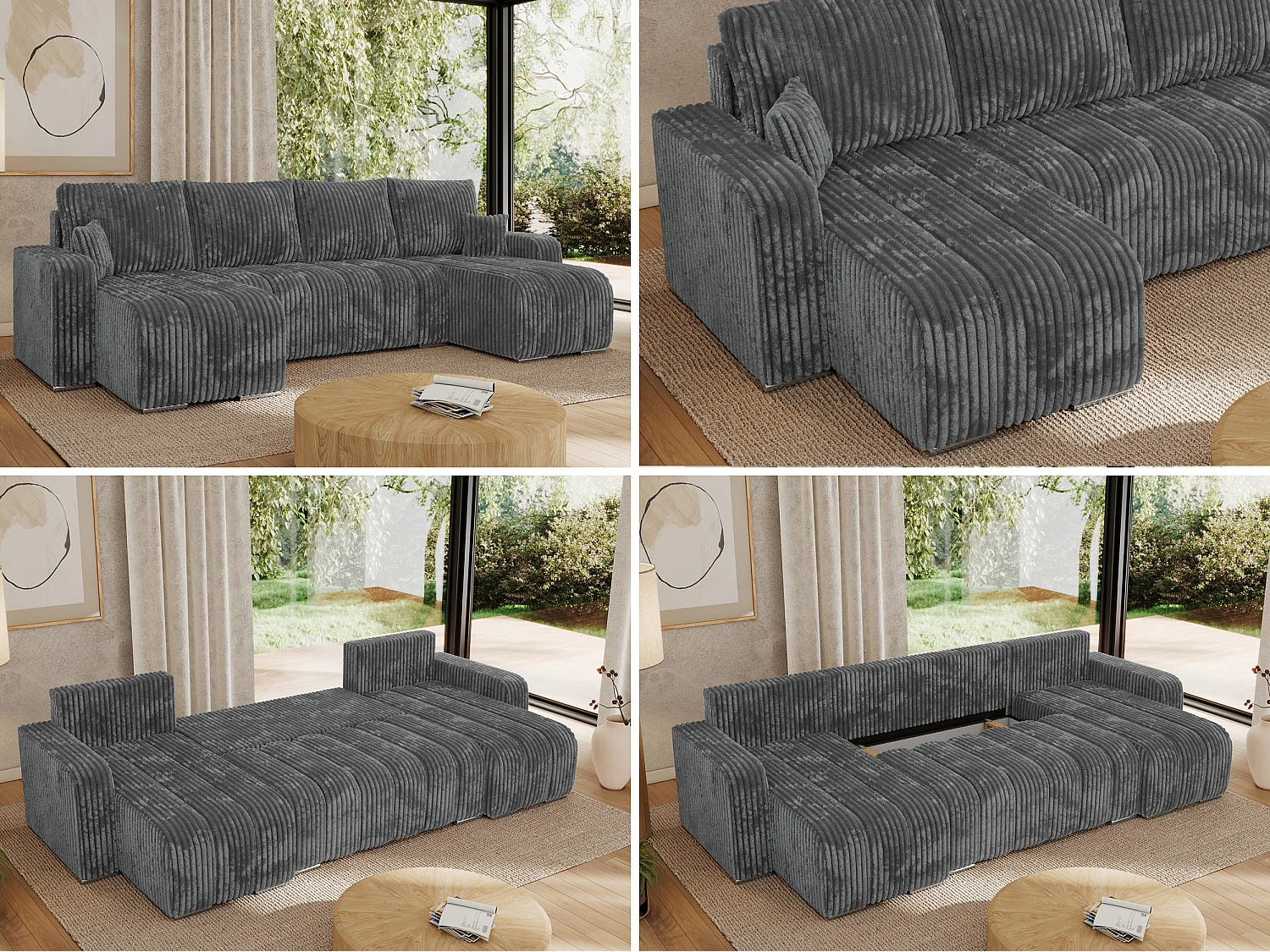 Ecksofa KIRASSO U - Wohnlandschaft, Schlaffunktion und Bettkasten, Couch U-form, lose Kissen - Dunkelgrau Cord