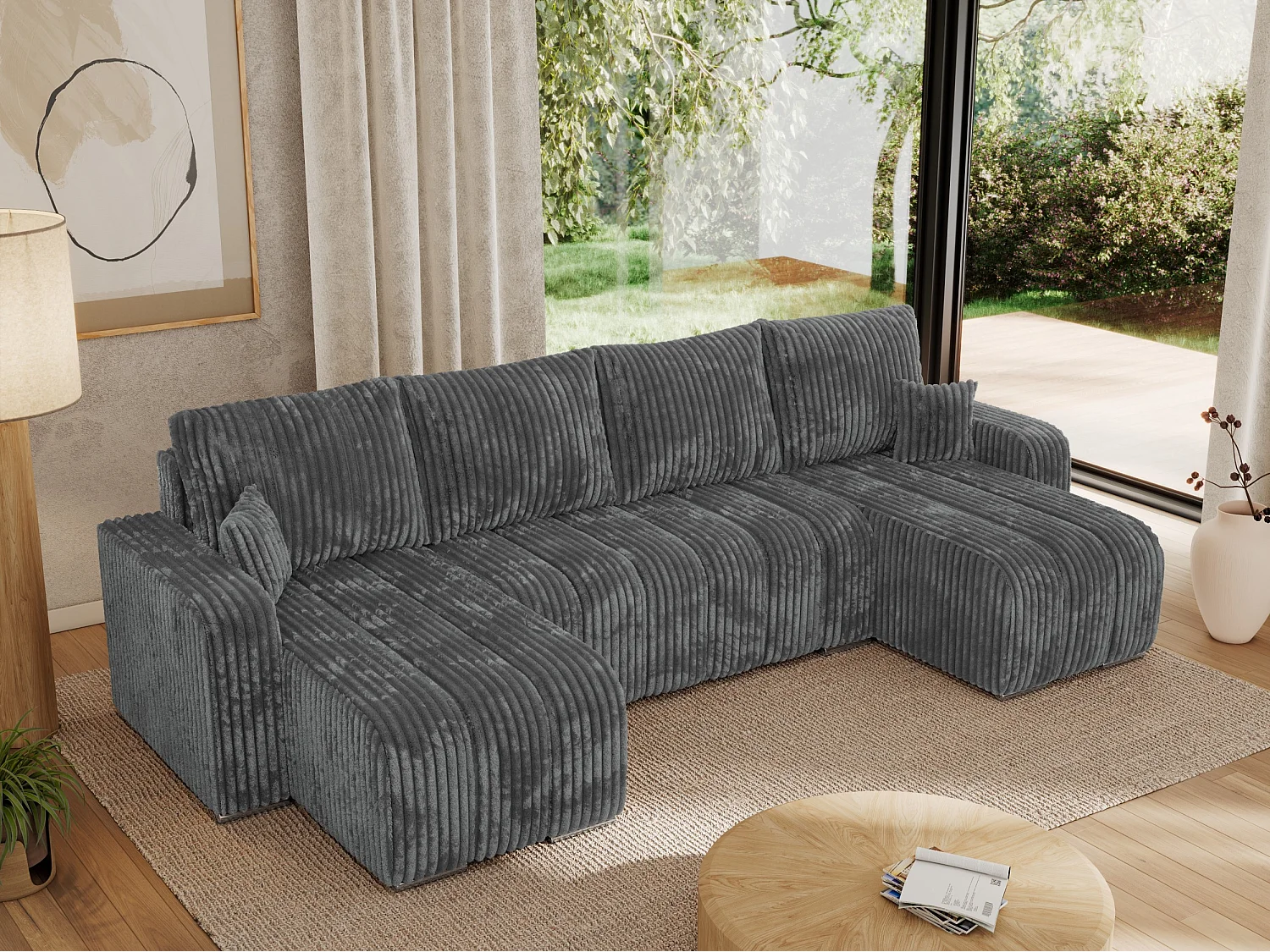 Ecksofa KIRASSO U - Wohnlandschaft, Schlaffunktion und Bettkasten, Couch U-form, lose Kissen - Dunkelgrau Cord