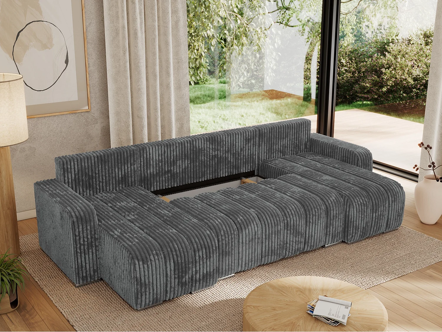 Ecksofa KIRASSO U - Wohnlandschaft, Schlaffunktion und Bettkasten, Couch U-form, lose Kissen - Dunkelgrau Cord