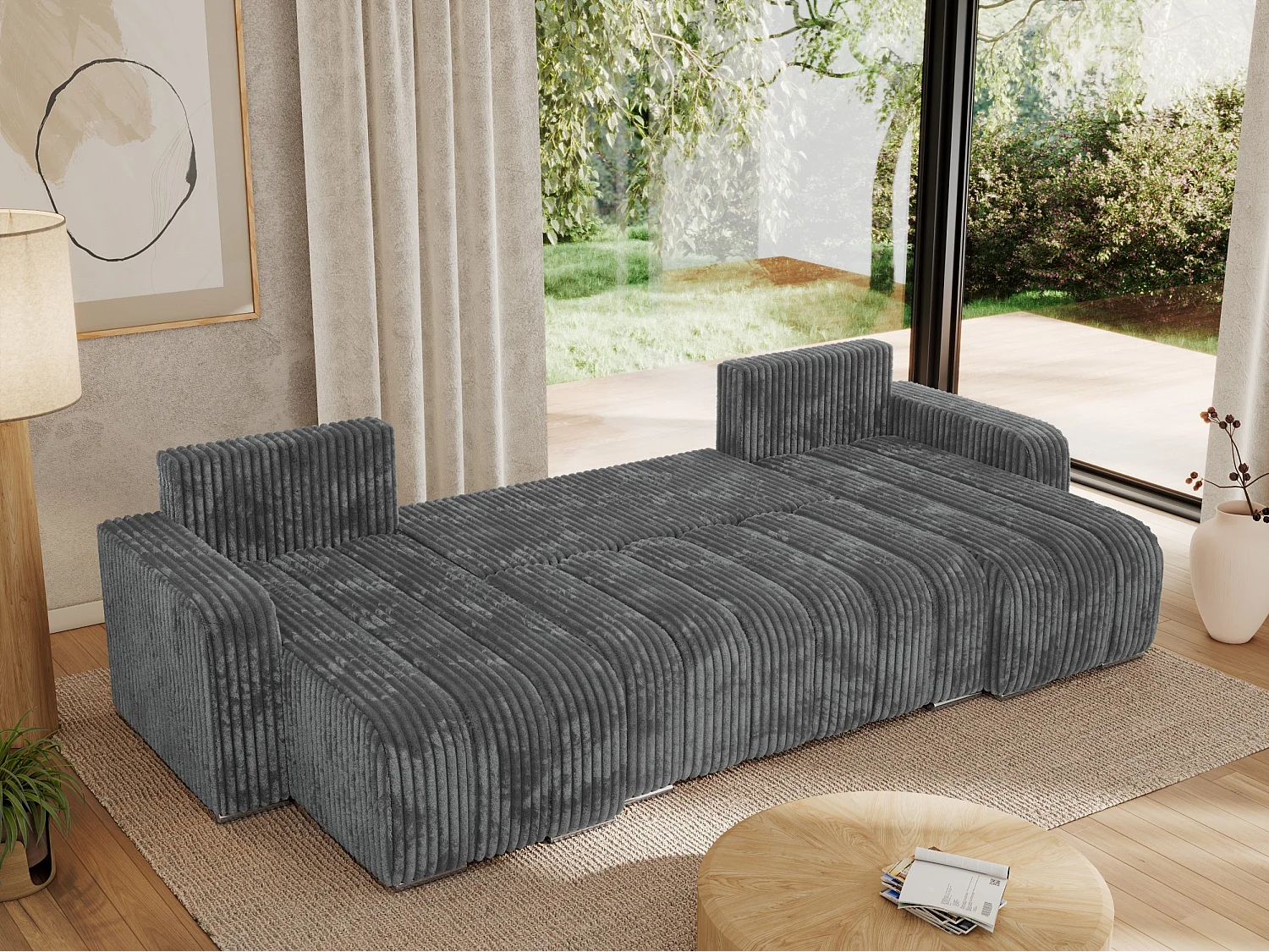 Ecksofa KIRASSO U - Wohnlandschaft, Schlaffunktion und Bettkasten, Couch U-form, lose Kissen - Dunkelgrau Cord