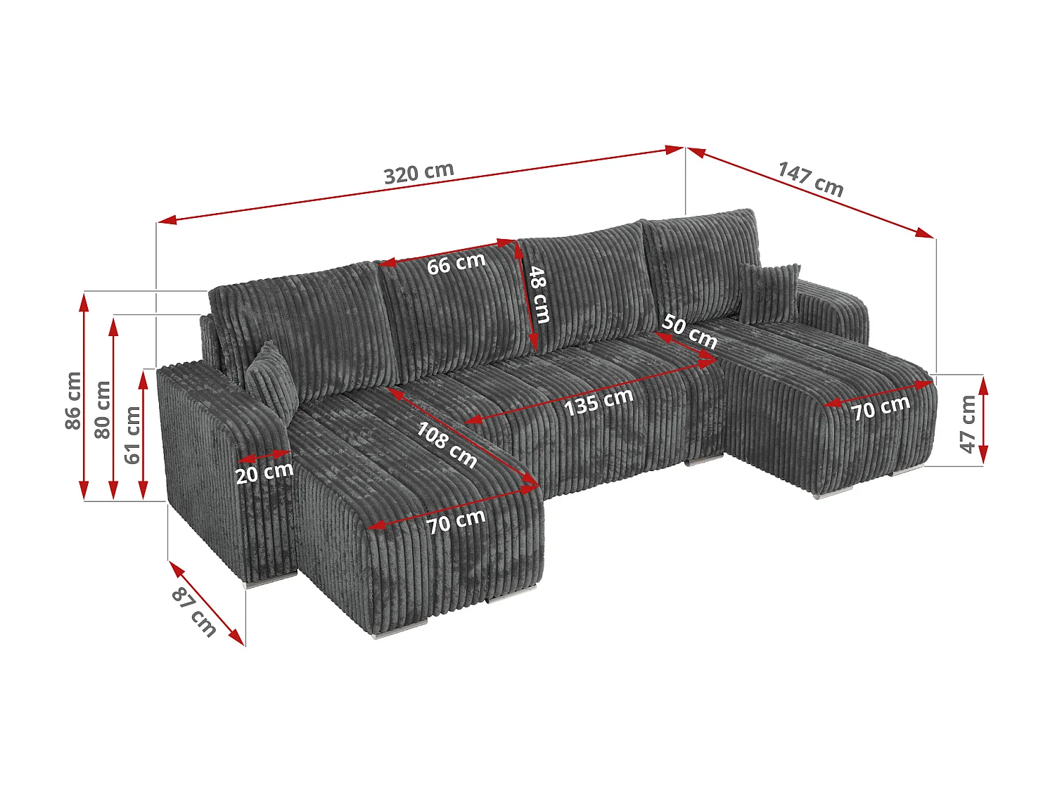 Ecksofa KIRASSO U - Wohnlandschaft, Schlaffunktion und Bettkasten, Couch U-form, lose Kissen - Dunkelgrau Cord