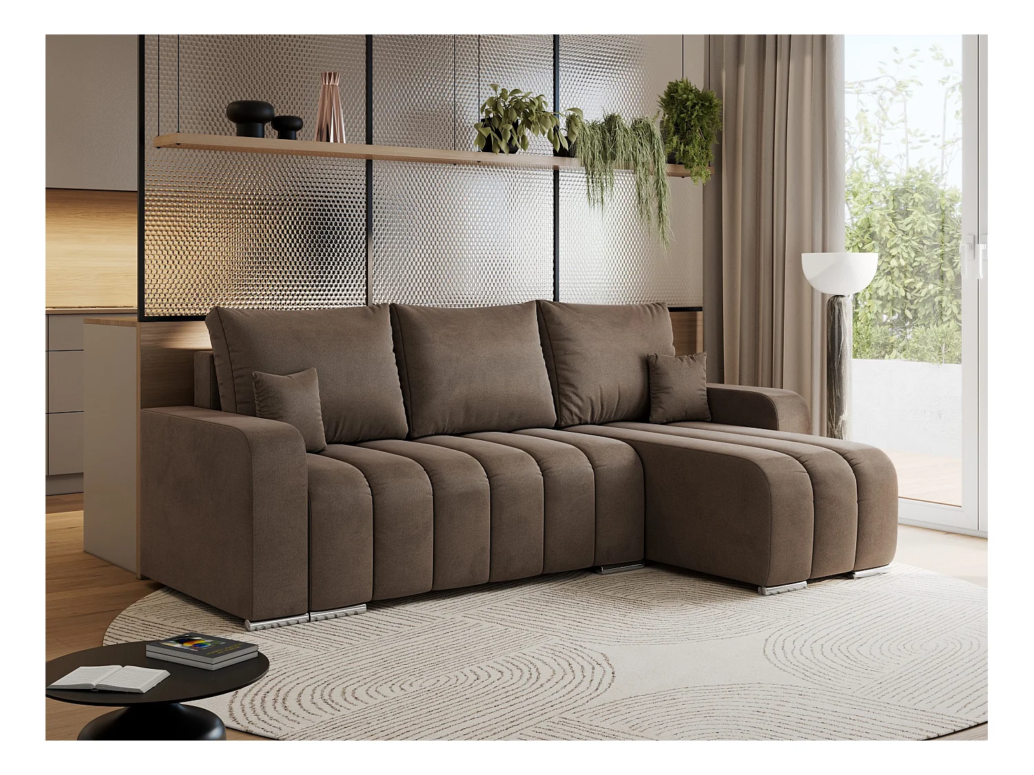 Ecksofa KIRASSO - universelles mit Schlaffunktion und Bettkasten, lose Kissen, Armlehnen - Braun Velvet