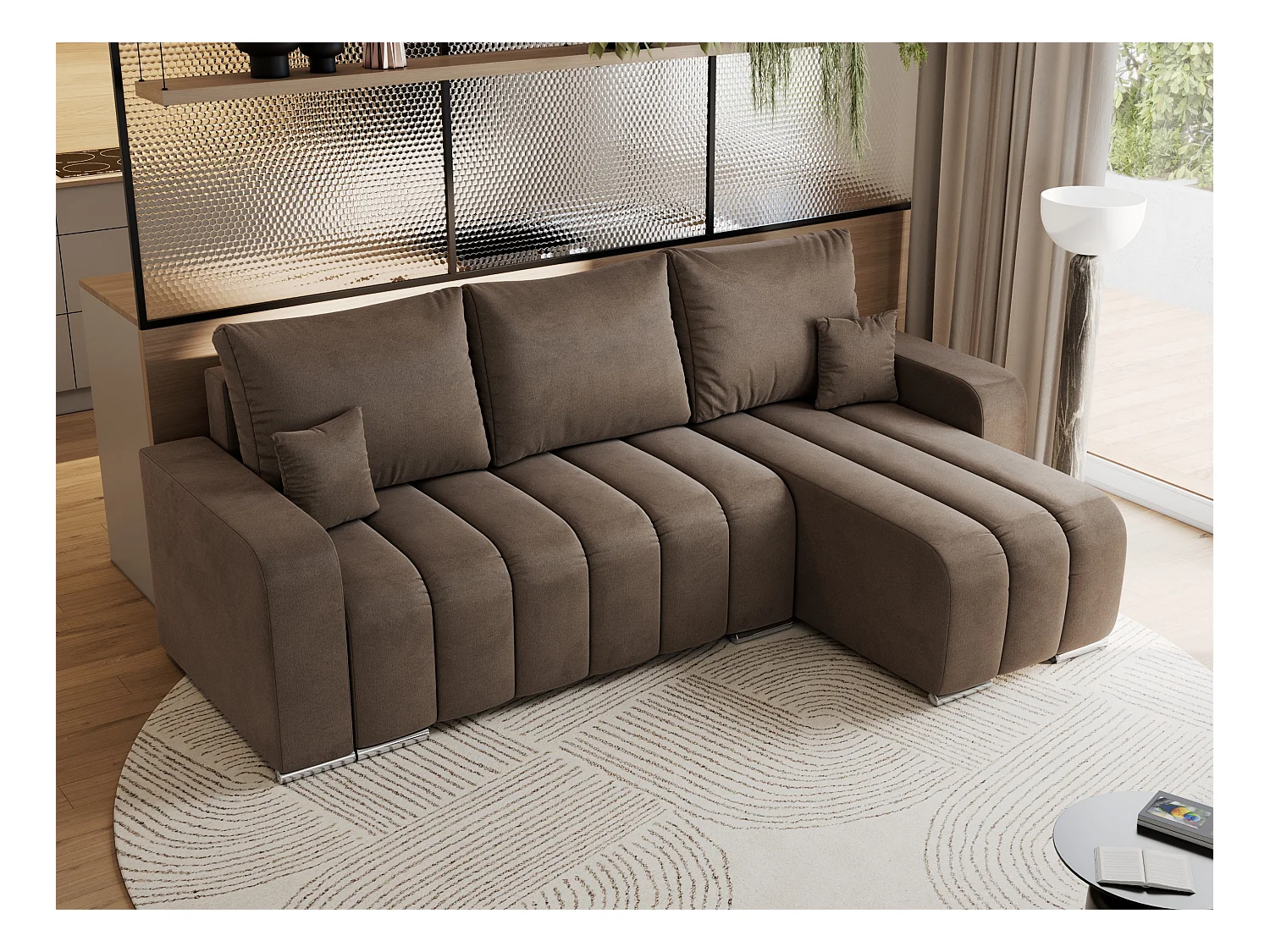 Ecksofa KIRASSO - universelles mit Schlaffunktion und Bettkasten, lose Kissen, Armlehnen - Braun Velvet