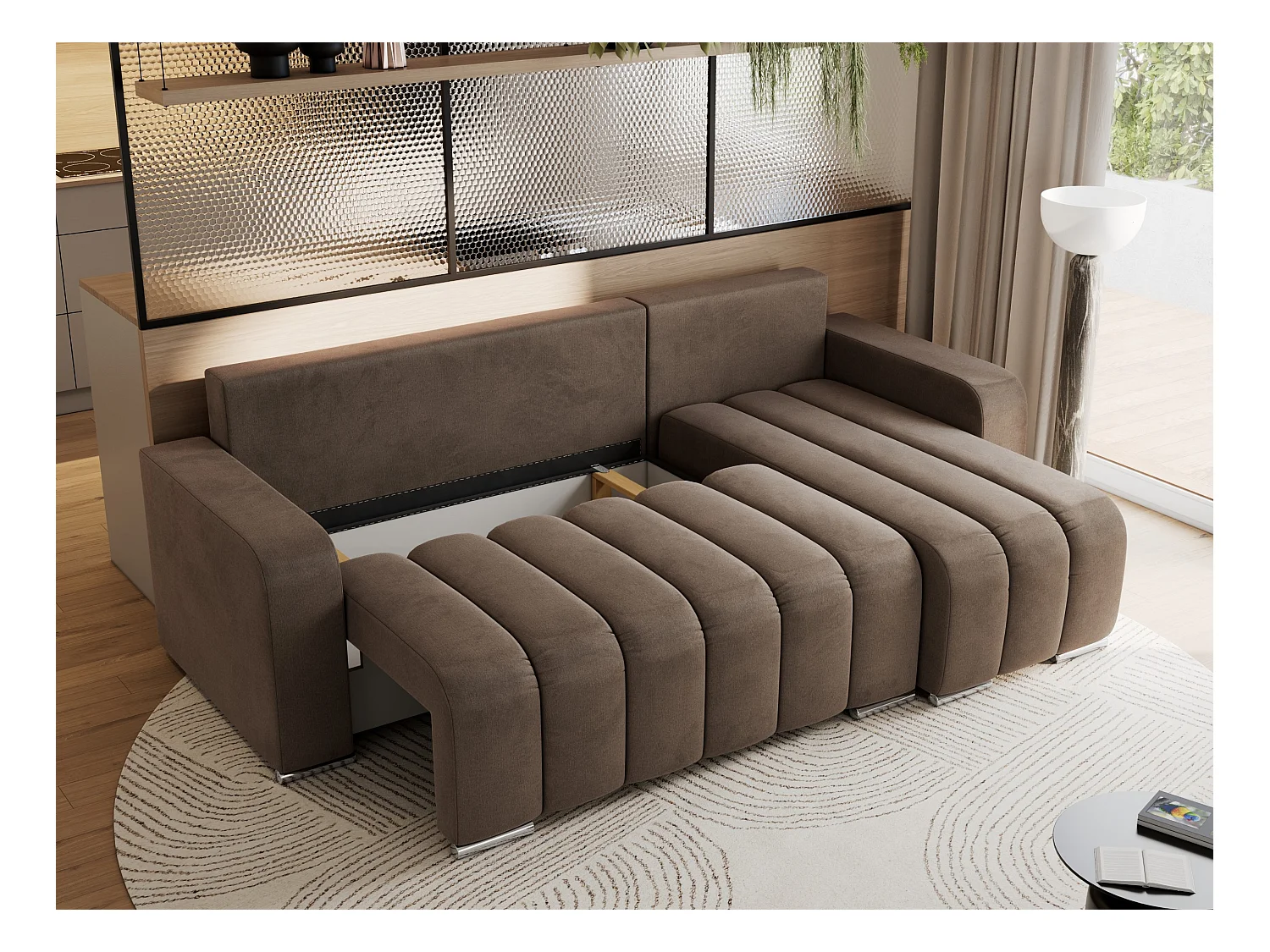 Ecksofa KIRASSO - universelles mit Schlaffunktion und Bettkasten, lose Kissen, Armlehnen - Braun Velvet