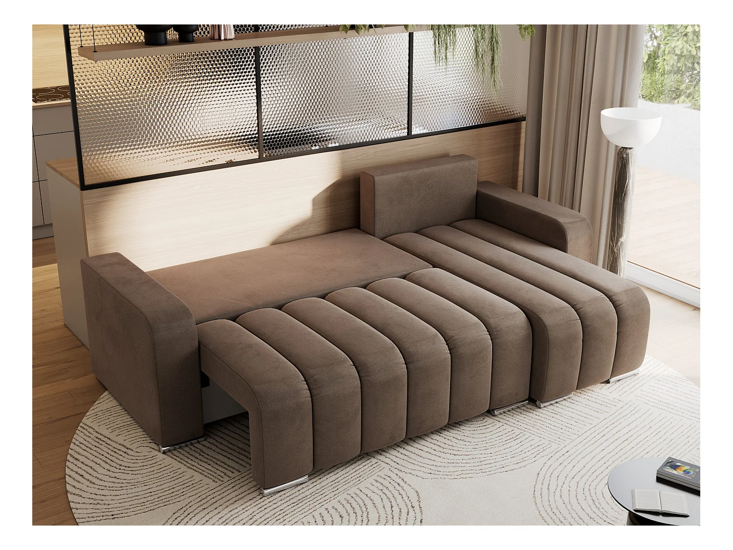 Ecksofa KIRASSO - universelles mit Schlaffunktion und Bettkasten, lose Kissen, Armlehnen - Braun Velvet