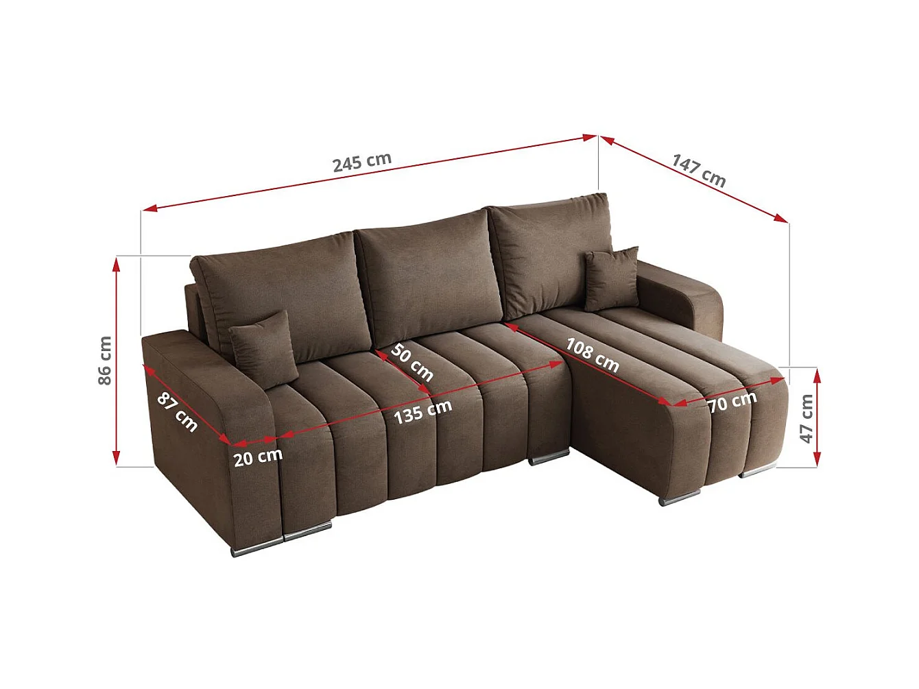 Ecksofa KIRASSO - universelles mit Schlaffunktion und Bettkasten, lose Kissen, Armlehnen - Braun Velvet