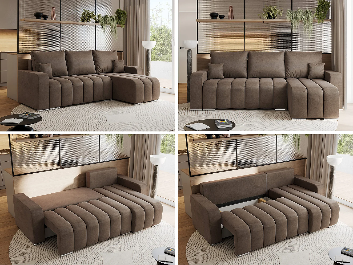 Ecksofa KIRASSO - universelles mit Schlaffunktion und Bettkasten, lose Kissen, Armlehnen - Braun Velvet