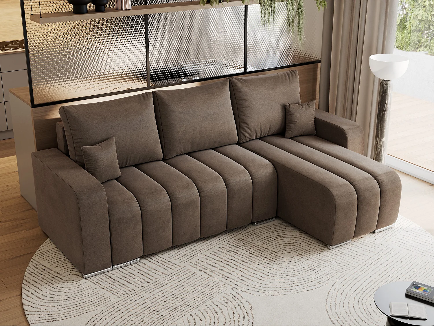 Ecksofa KIRASSO - universelles mit Schlaffunktion und Bettkasten, lose Kissen, Armlehnen - Braun Velvet