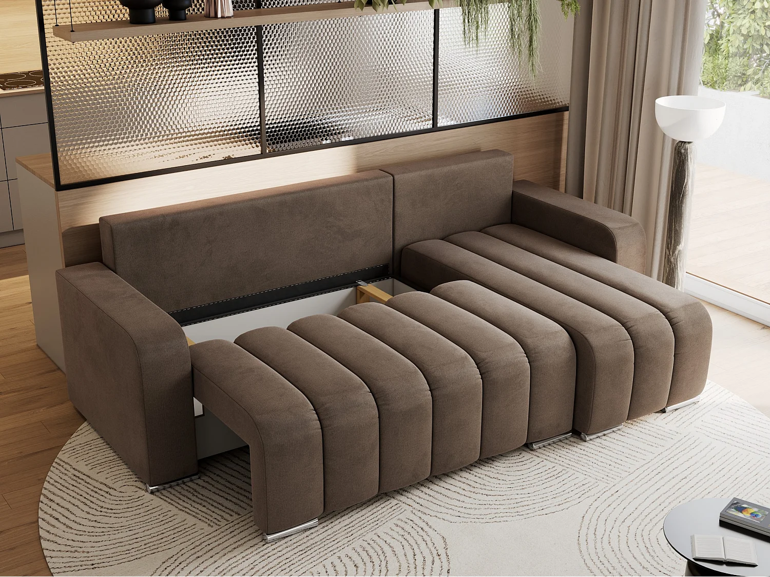 Ecksofa KIRASSO - universelles mit Schlaffunktion und Bettkasten, lose Kissen, Armlehnen - Braun Velvet