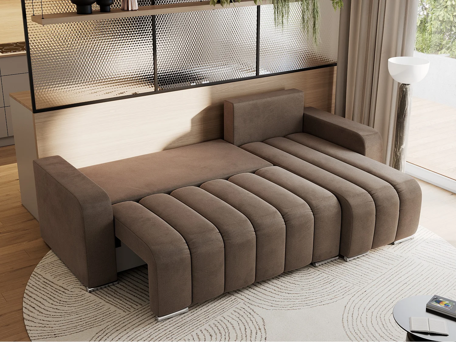 Ecksofa KIRASSO - universelles mit Schlaffunktion und Bettkasten, lose Kissen, Armlehnen - Braun Velvet