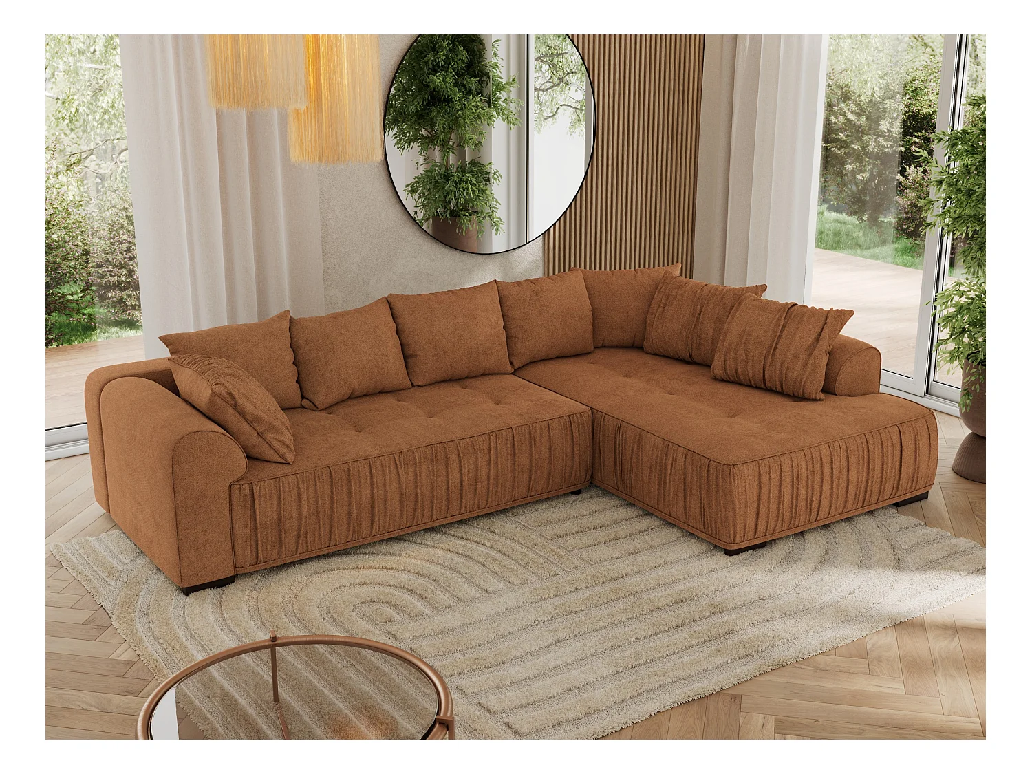 Ecksofa ORTA - Schlaffunktion und Bettkasten, lose Kissen, gesteppter Sitz, L-förmige Ecke - Orange Stukture - Ecke Rechts