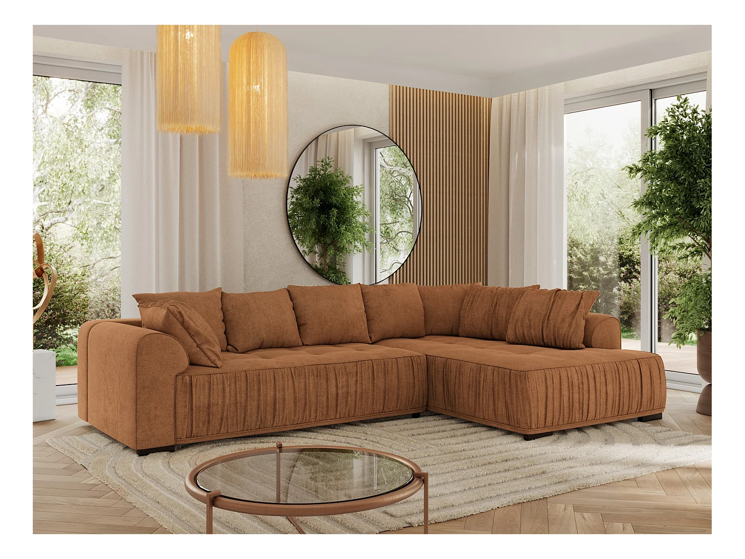Ecksofa ORTA - Schlaffunktion und Bettkasten, lose Kissen, gesteppter Sitz, L-förmige Ecke - Orange Stukture - Ecke Rechts