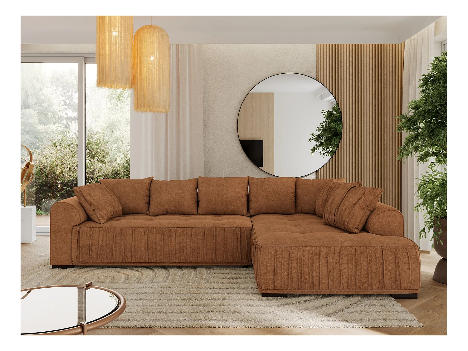 Ecksofa ORTA - Schlaffunktion und Bettkasten, lose Kissen, gesteppter Sitz, L-förmige Ecke - Orange Stukture - Ecke Rechts