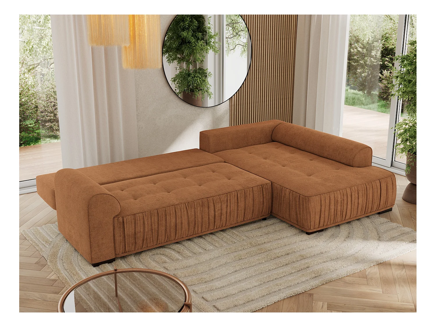 Ecksofa ORTA - Schlaffunktion und Bettkasten, lose Kissen, gesteppter Sitz, L-förmige Ecke - Orange Stukture - Ecke Rechts