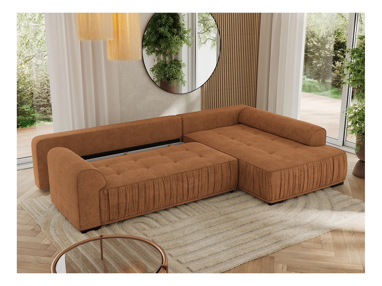 Ecksofa ORTA - Schlaffunktion und Bettkasten, lose Kissen, gesteppter Sitz, L-förmige Ecke - Orange Stukture - Ecke Rechts