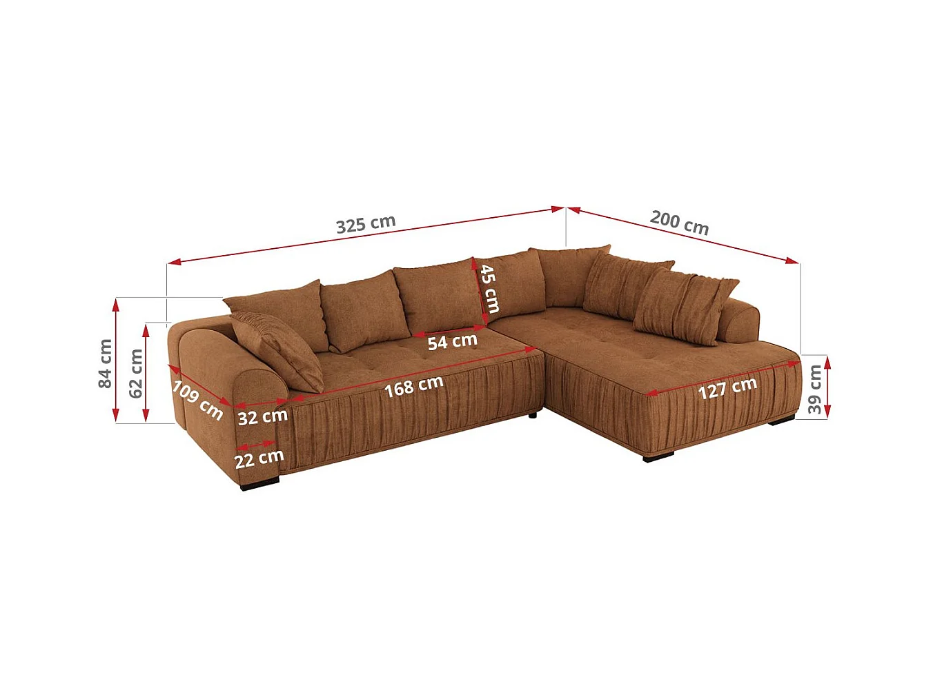 Ecksofa ORTA - Schlaffunktion und Bettkasten, lose Kissen, gesteppter Sitz, L-förmige Ecke - Orange Stukture - Ecke Rechts