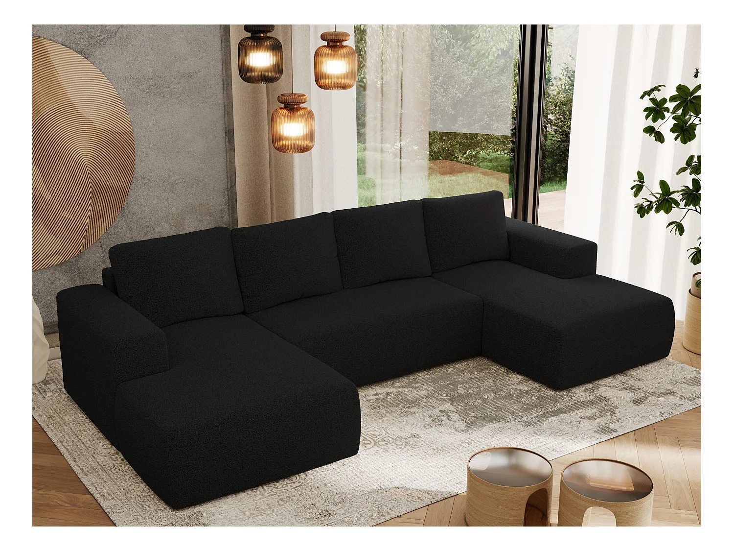 Ecksofa TRENTINO U - mit Schlaffunktion und Bettkasten, U-förmiges Wohnlandschaft, Armlehnen - Schwarz Boucle