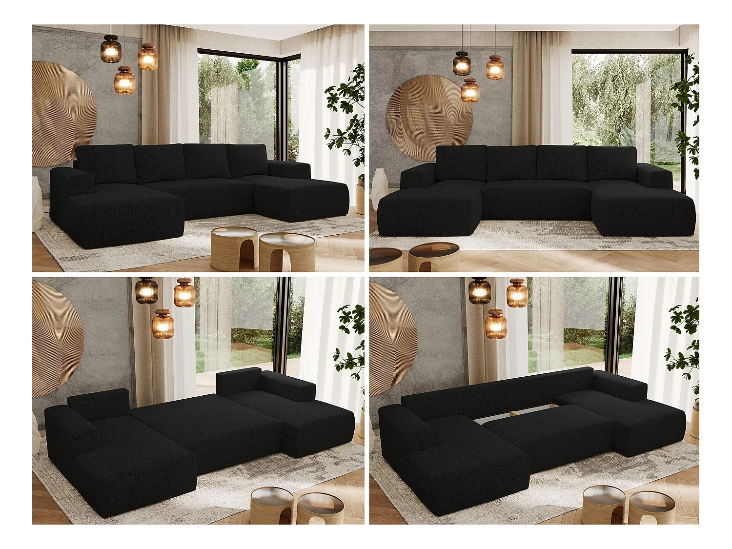 Ecksofa TRENTINO U - mit Schlaffunktion und Bettkasten, U-förmiges Wohnlandschaft, Armlehnen - Schwarz Boucle