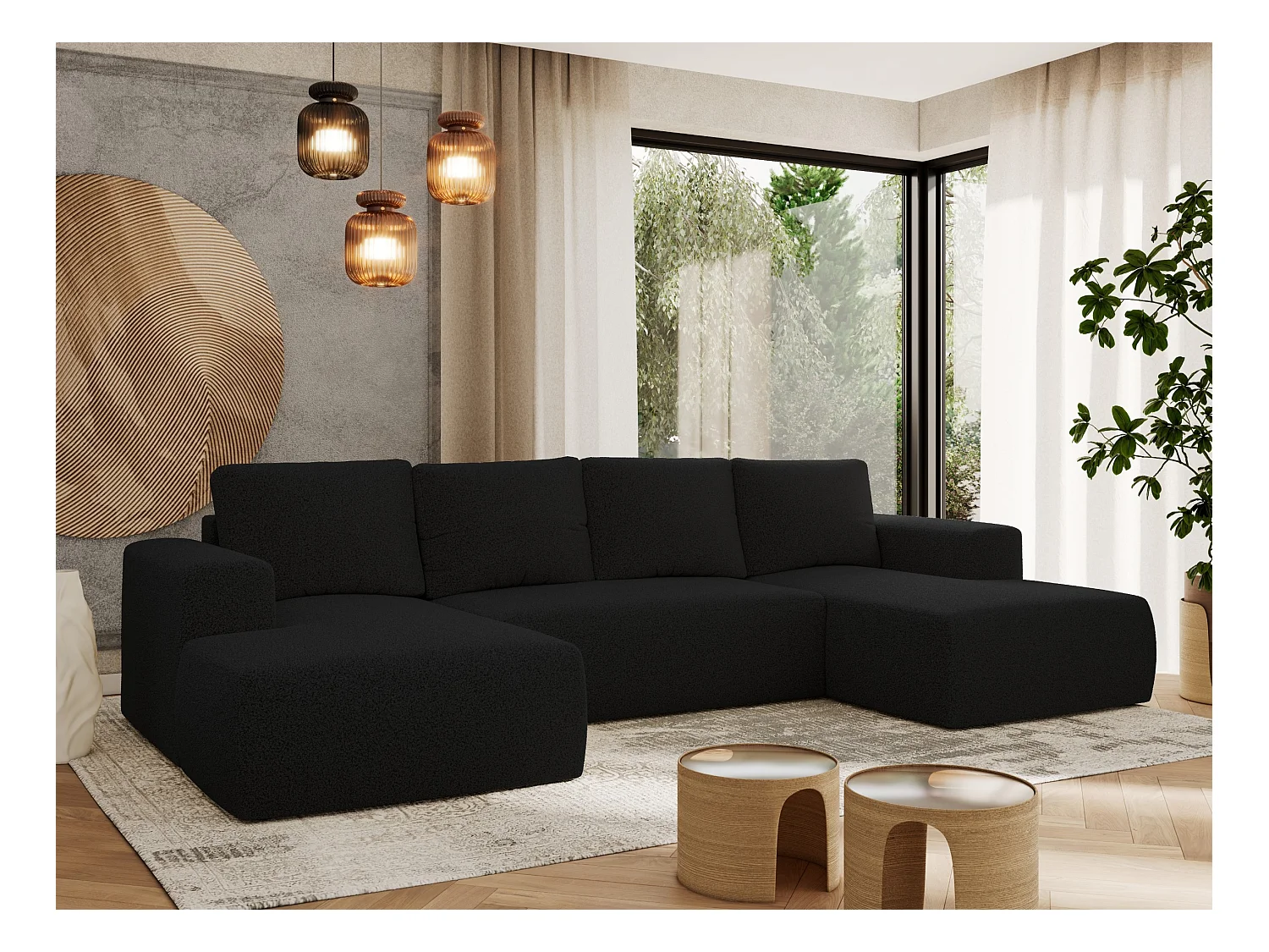 Ecksofa TRENTINO U - mit Schlaffunktion und Bettkasten, U-förmiges Wohnlandschaft, Armlehnen - Schwarz Boucle
