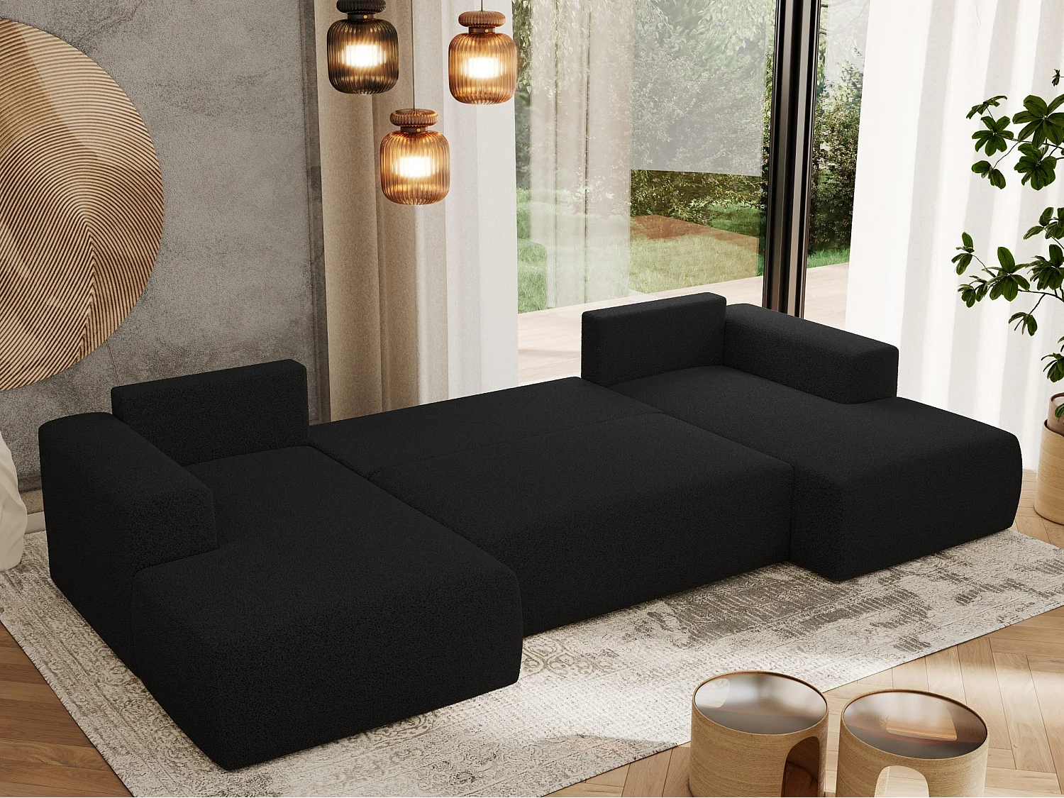 Ecksofa TRENTINO U - mit Schlaffunktion und Bettkasten, U-förmiges Wohnlandschaft, Armlehnen - Schwarz Boucle