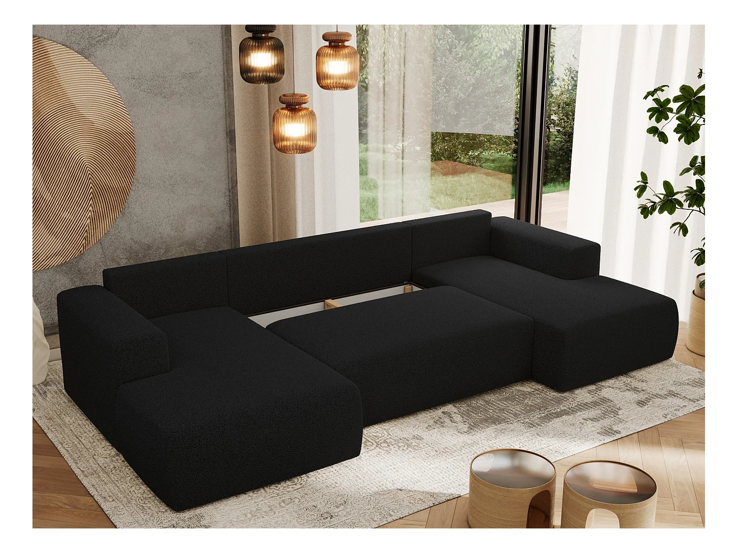 Ecksofa TRENTINO U - mit Schlaffunktion und Bettkasten, U-förmiges Wohnlandschaft, Armlehnen - Schwarz Boucle