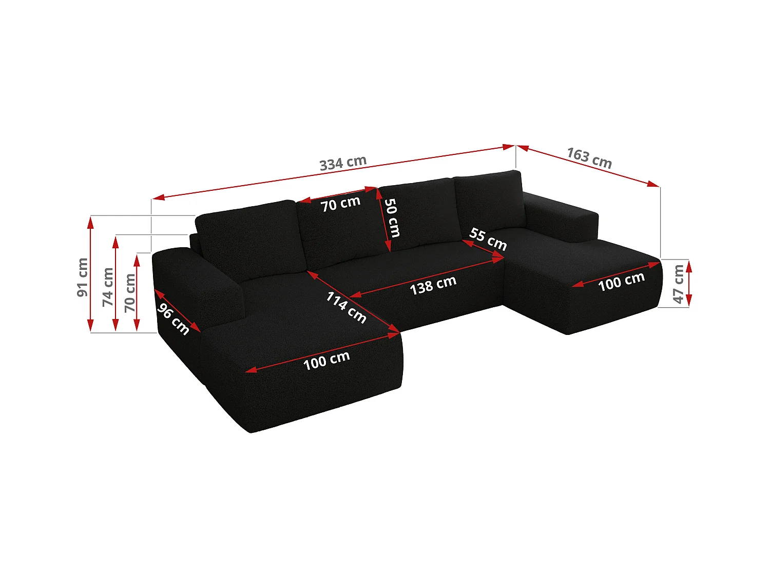 Ecksofa TRENTINO U - mit Schlaffunktion und Bettkasten, U-förmiges Wohnlandschaft, Armlehnen - Schwarz Boucle