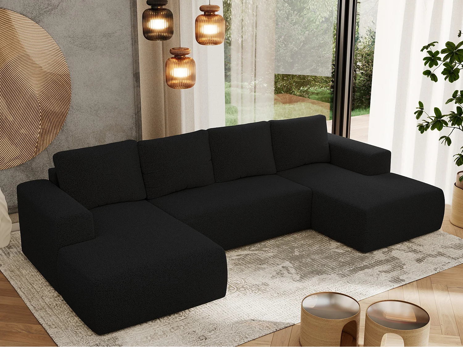 Ecksofa TRENTINO U - mit Schlaffunktion und Bettkasten, U-förmiges Wohnlandschaft, Armlehnen - Schwarz Boucle