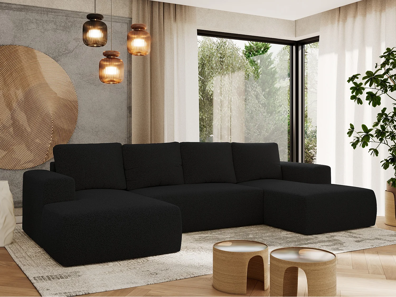 Ecksofa TRENTINO U - mit Schlaffunktion und Bettkasten, U-förmiges Wohnlandschaft, Armlehnen - Schwarz Boucle