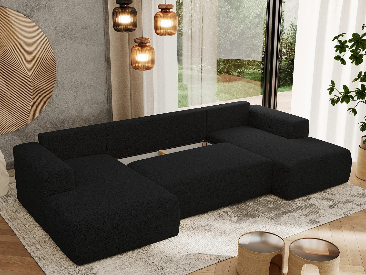 Ecksofa TRENTINO U - mit Schlaffunktion und Bettkasten, U-förmiges Wohnlandschaft, Armlehnen - Schwarz Boucle