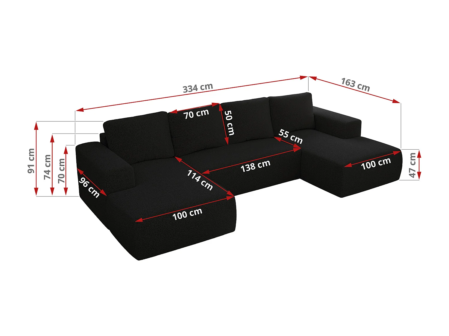 Ecksofa TRENTINO U - mit Schlaffunktion und Bettkasten, U-förmiges Wohnlandschaft, Armlehnen - Schwarz Boucle