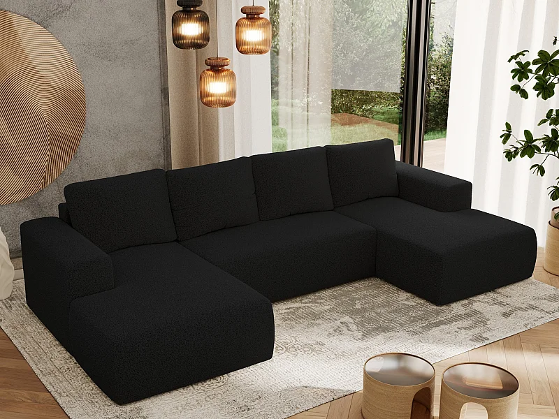 Ecksofa TRENTINO U - mit Schlaffunktion und Bettkasten, U-förmiges Wohnlandschaft, Armlehnen - Schwarz Boucle