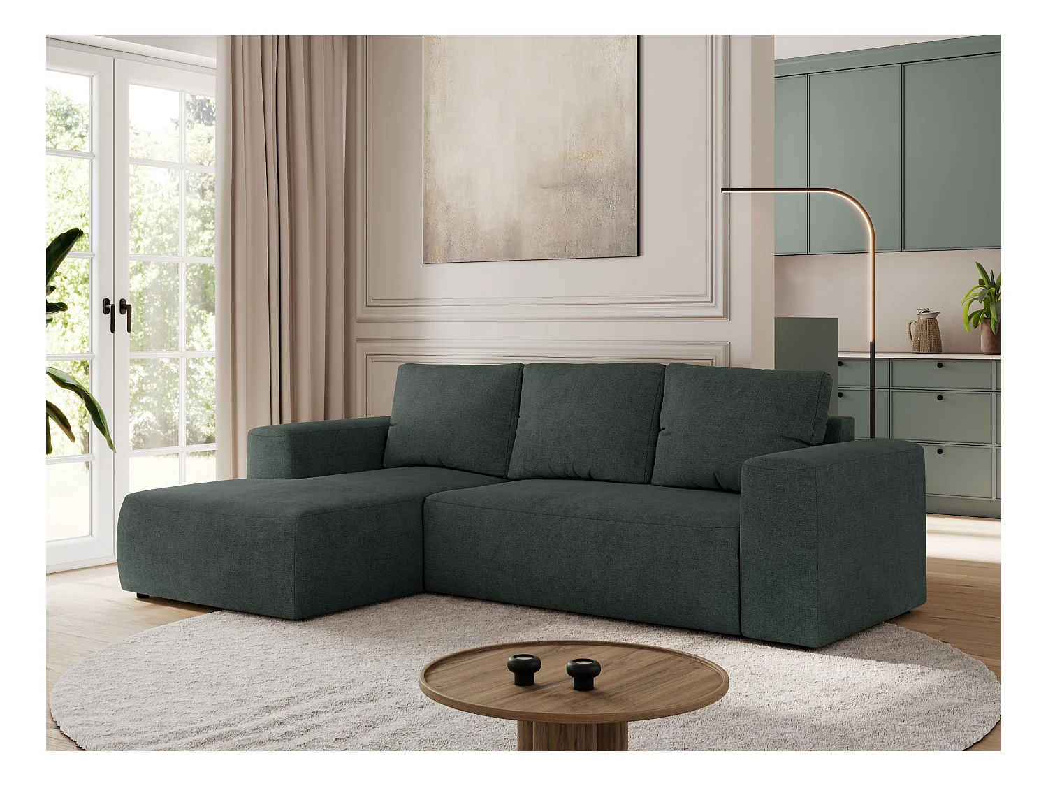 Ecksofa TRENTINO - mit Schlaffunktion und Bettkasten, L-form Couch, lose Kissen und Armlehnen - Dunkelgrau Stukture - Ecke Links