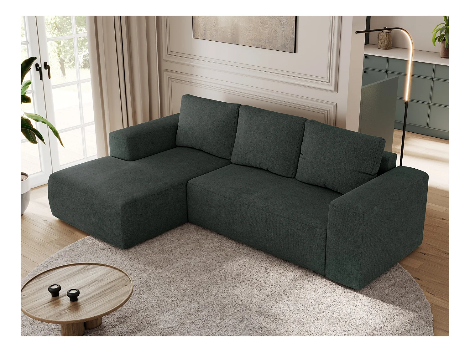 Ecksofa TRENTINO - mit Schlaffunktion und Bettkasten, L-form Couch, lose Kissen und Armlehnen - Dunkelgrau Stukture - Ecke Links