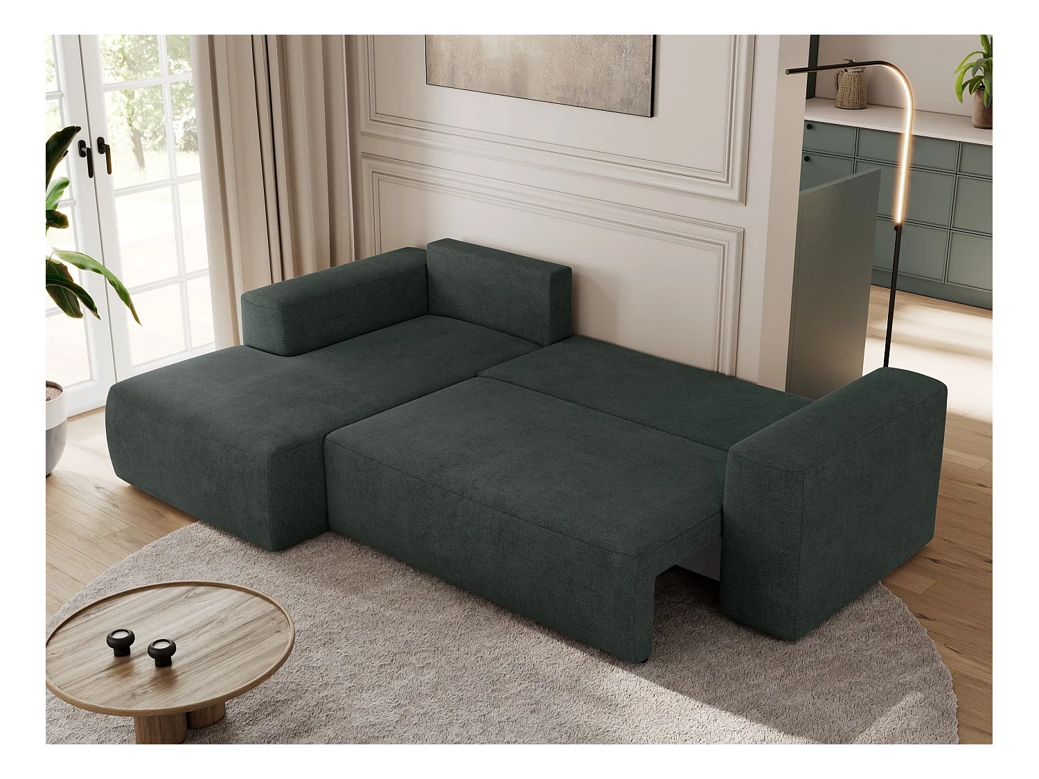 Ecksofa TRENTINO - mit Schlaffunktion und Bettkasten, L-form Couch, lose Kissen und Armlehnen - Dunkelgrau Stukture - Ecke Links