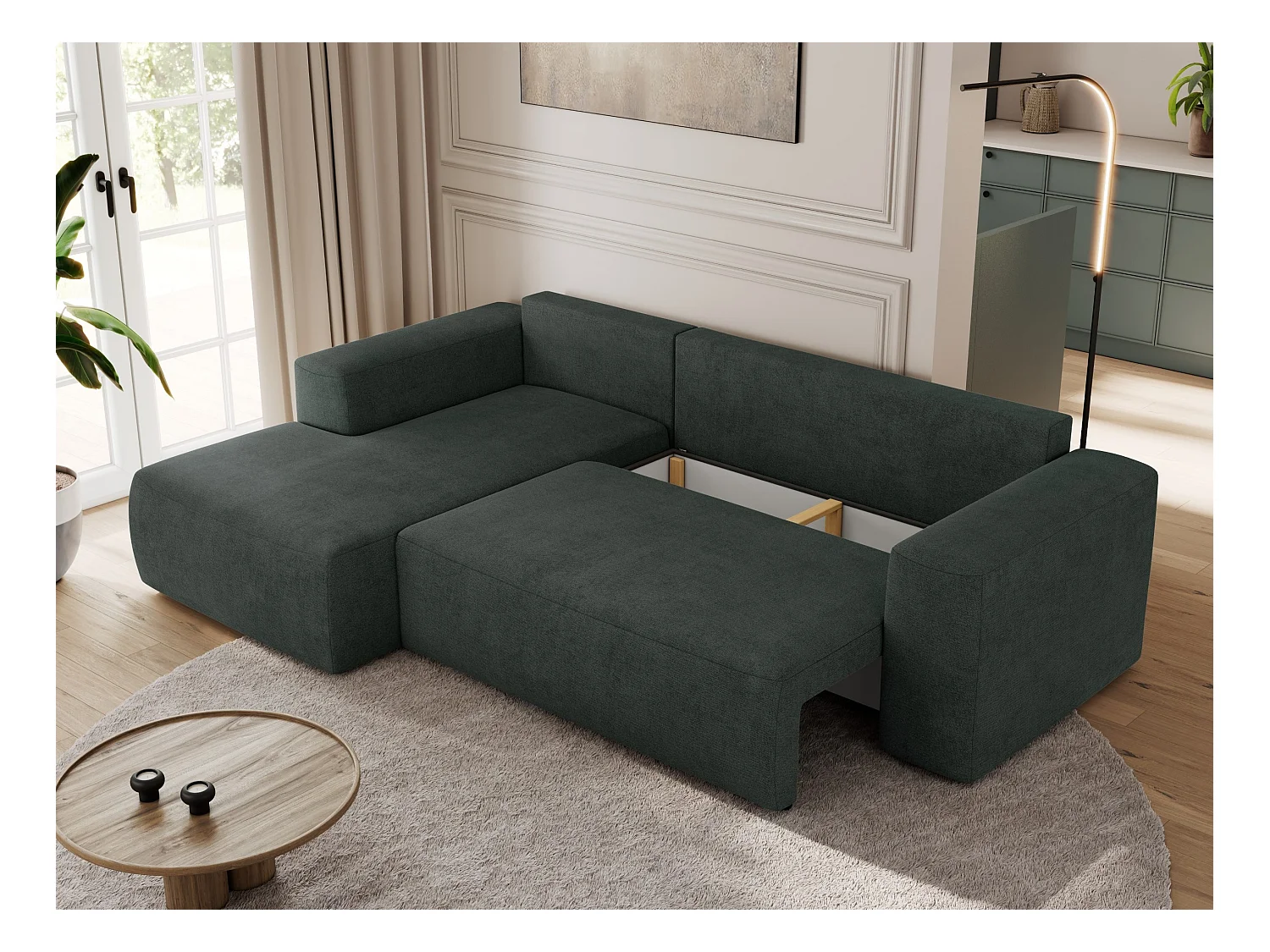 Ecksofa TRENTINO - mit Schlaffunktion und Bettkasten, L-form Couch, lose Kissen und Armlehnen - Dunkelgrau Stukture - Ecke Links