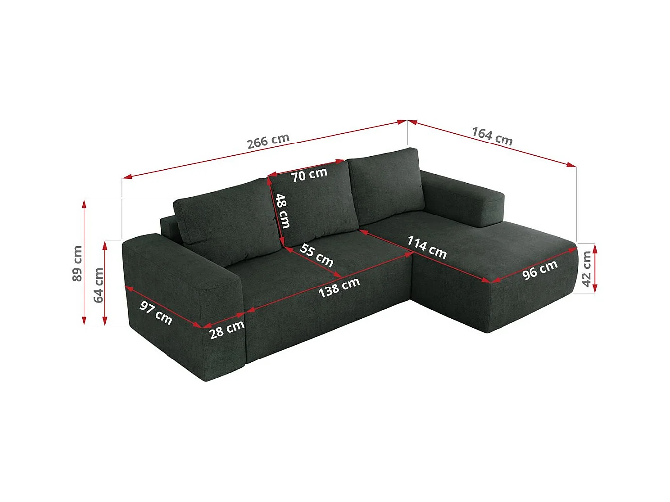 Ecksofa TRENTINO - mit Schlaffunktion und Bettkasten, L-form Couch, lose Kissen und Armlehnen - Dunkelgrau Stukture - Ecke Links