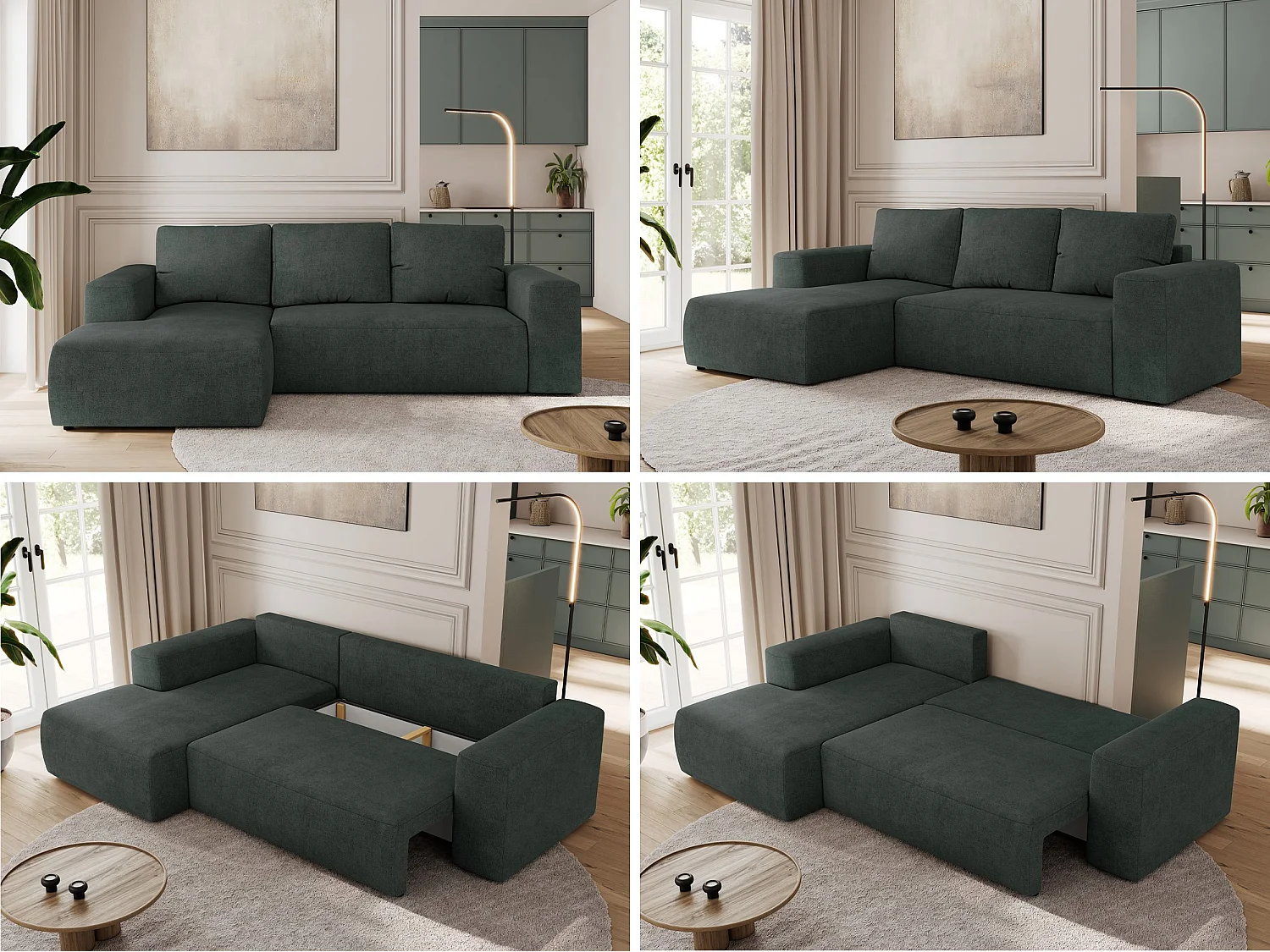 Ecksofa TRENTINO - mit Schlaffunktion und Bettkasten, L-form Couch, lose Kissen und Armlehnen - Dunkelgrau Stukture - Ecke Links