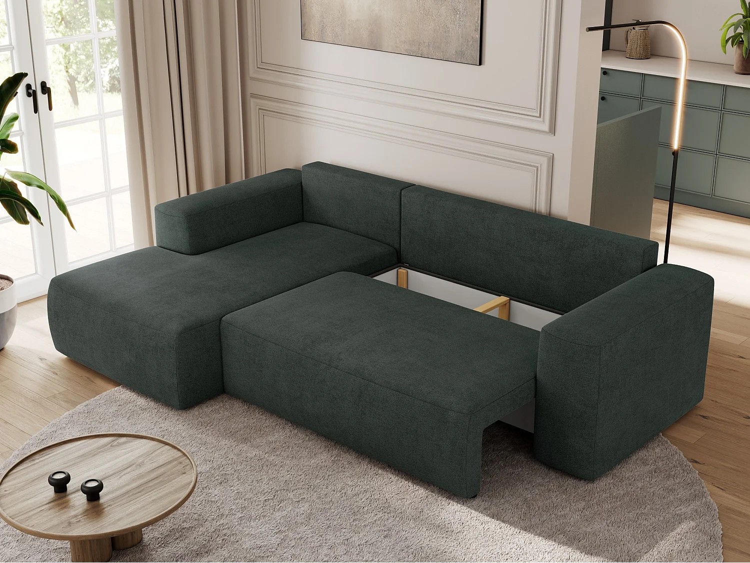 Ecksofa TRENTINO - mit Schlaffunktion und Bettkasten, L-form Couch, lose Kissen und Armlehnen - Dunkelgrau Stukture - Ecke Links