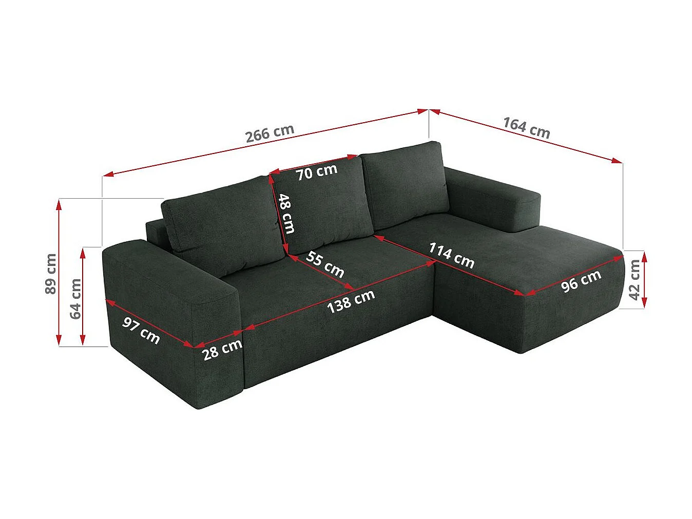 Ecksofa TRENTINO - mit Schlaffunktion und Bettkasten, L-form Couch, lose Kissen und Armlehnen - Dunkelgrau Stukture - Ecke Links