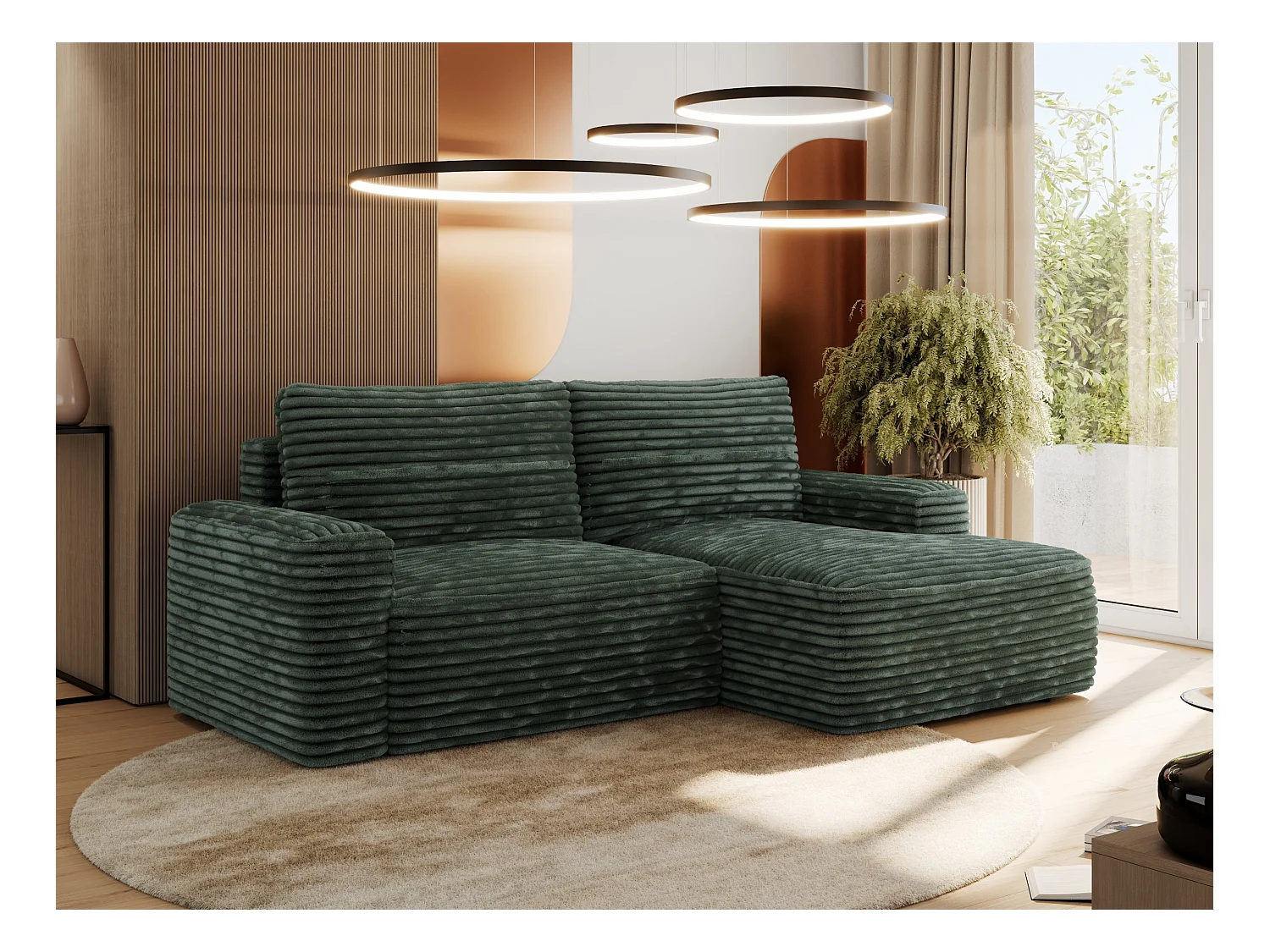 Ecksofa BELLUNO - Schlafsofa mit Bettkasten, Armlehnen, Couch L-form mit Schlaffunktion - Grün Cord - Ecke Rechts