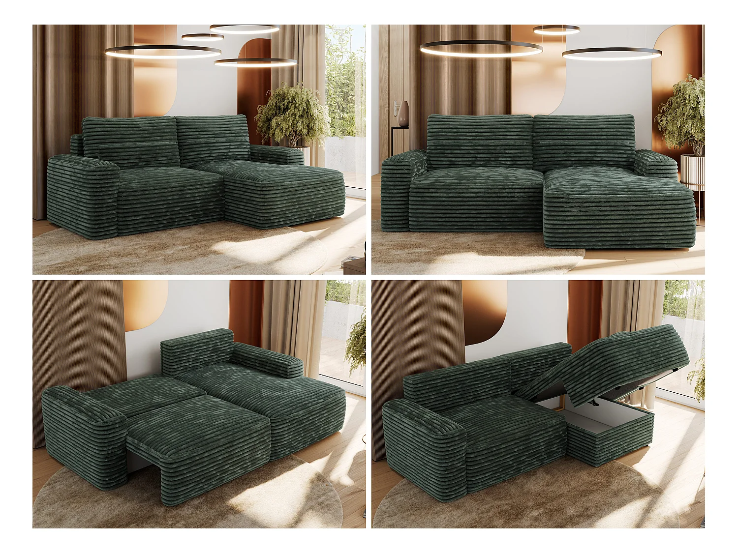 Ecksofa BELLUNO - Schlafsofa mit Bettkasten, Armlehnen, Couch L-form mit Schlaffunktion - Grün Cord - Ecke Rechts