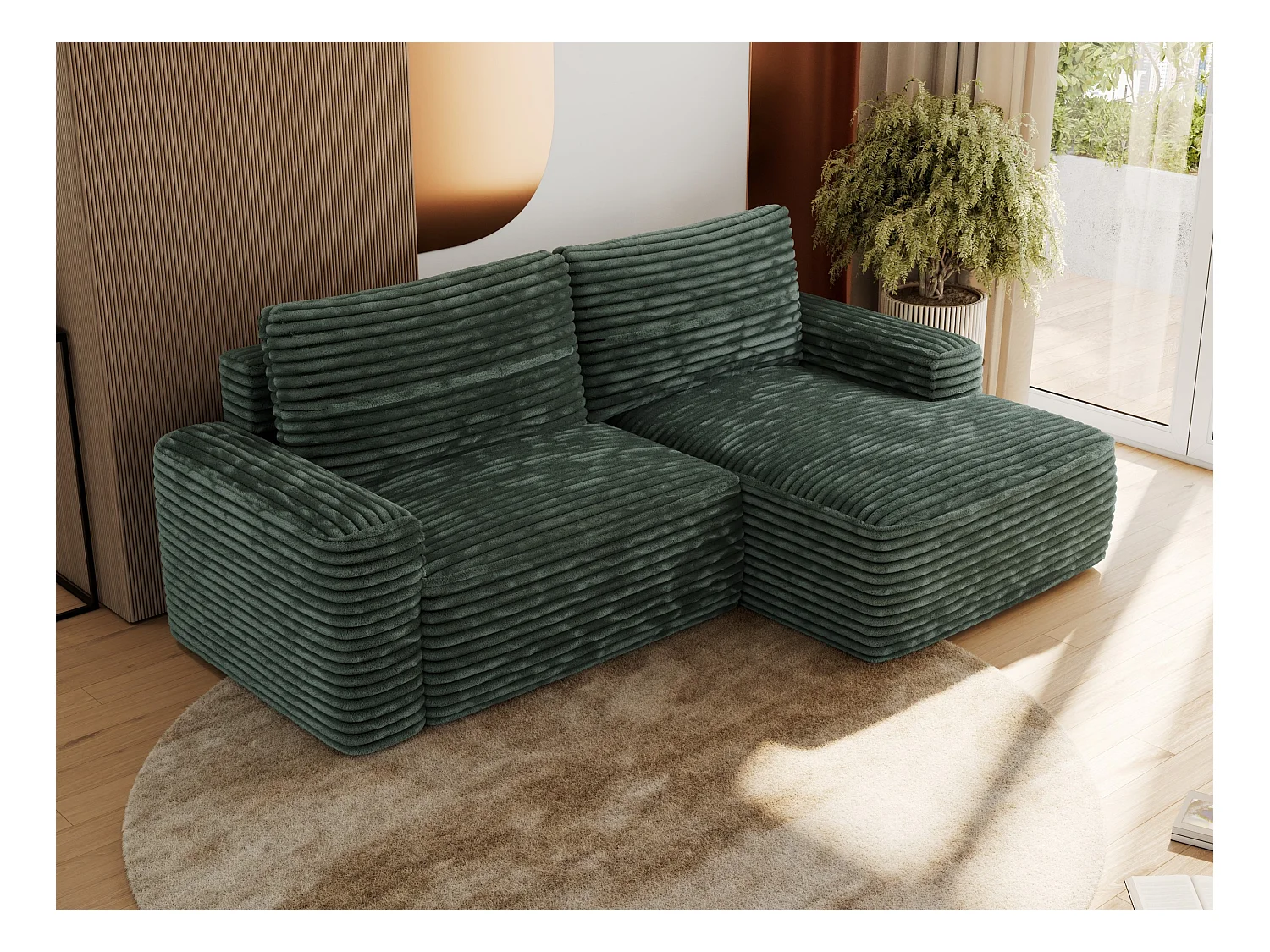 Ecksofa BELLUNO - Schlafsofa mit Bettkasten, Armlehnen, Couch L-form mit Schlaffunktion - Grün Cord - Ecke Rechts