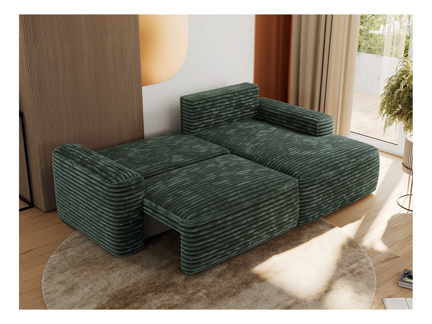 Ecksofa BELLUNO - Schlafsofa mit Bettkasten, Armlehnen, Couch L-form mit Schlaffunktion - Grün Cord - Ecke Rechts
