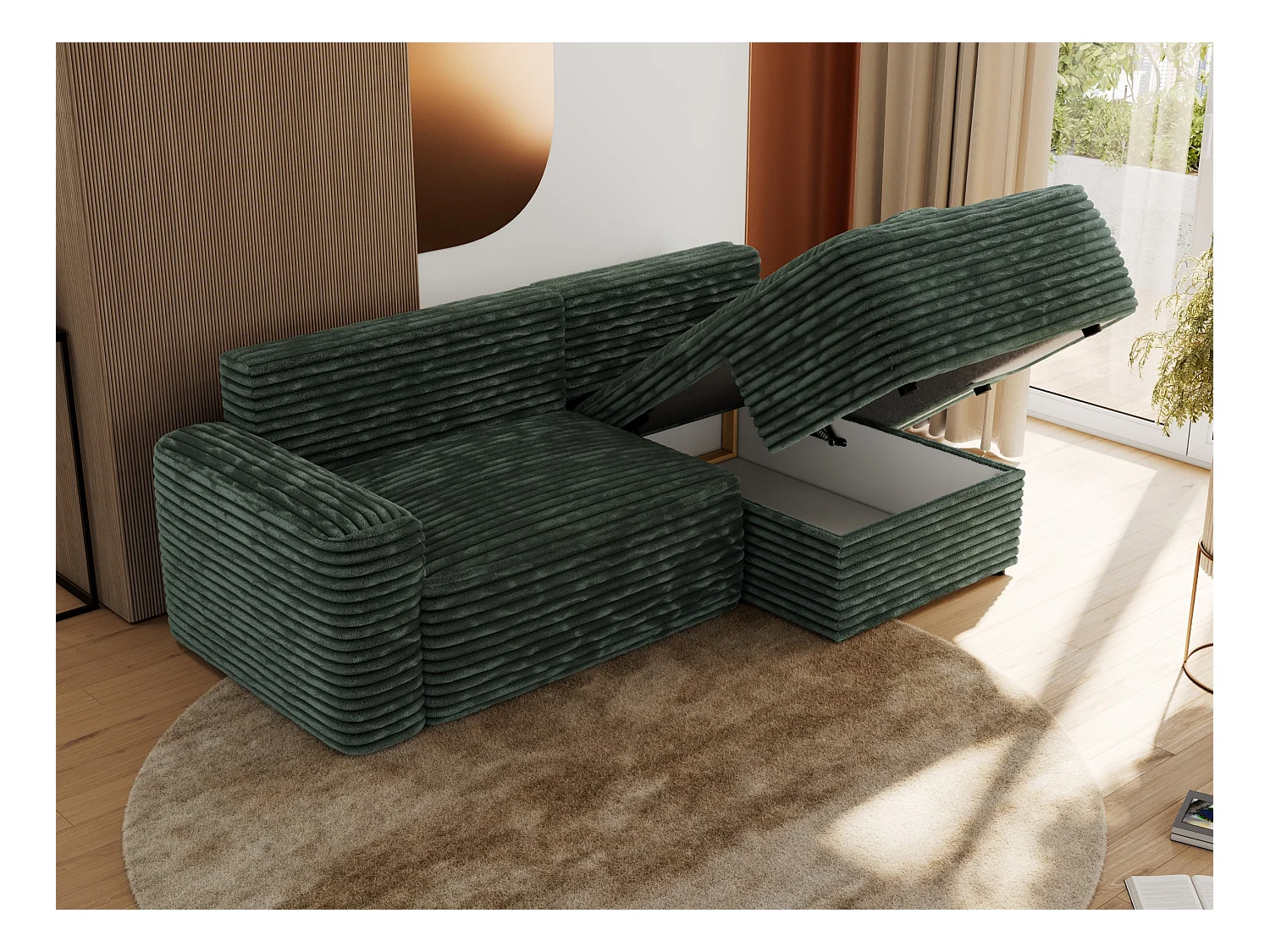 Ecksofa BELLUNO - Schlafsofa mit Bettkasten, Armlehnen, Couch L-form mit Schlaffunktion - Grün Cord - Ecke Rechts