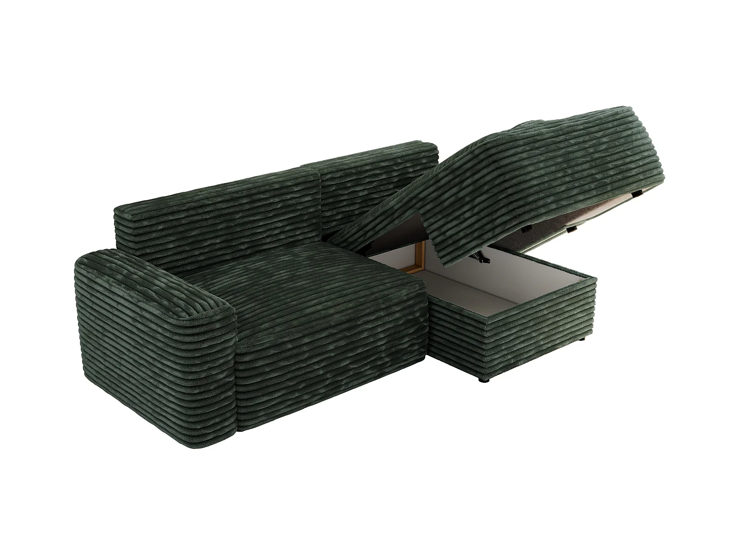 Ecksofa BELLUNO - Schlafsofa mit Bettkasten, Armlehnen, Couch L-form mit Schlaffunktion - Grün Cord - Ecke Rechts