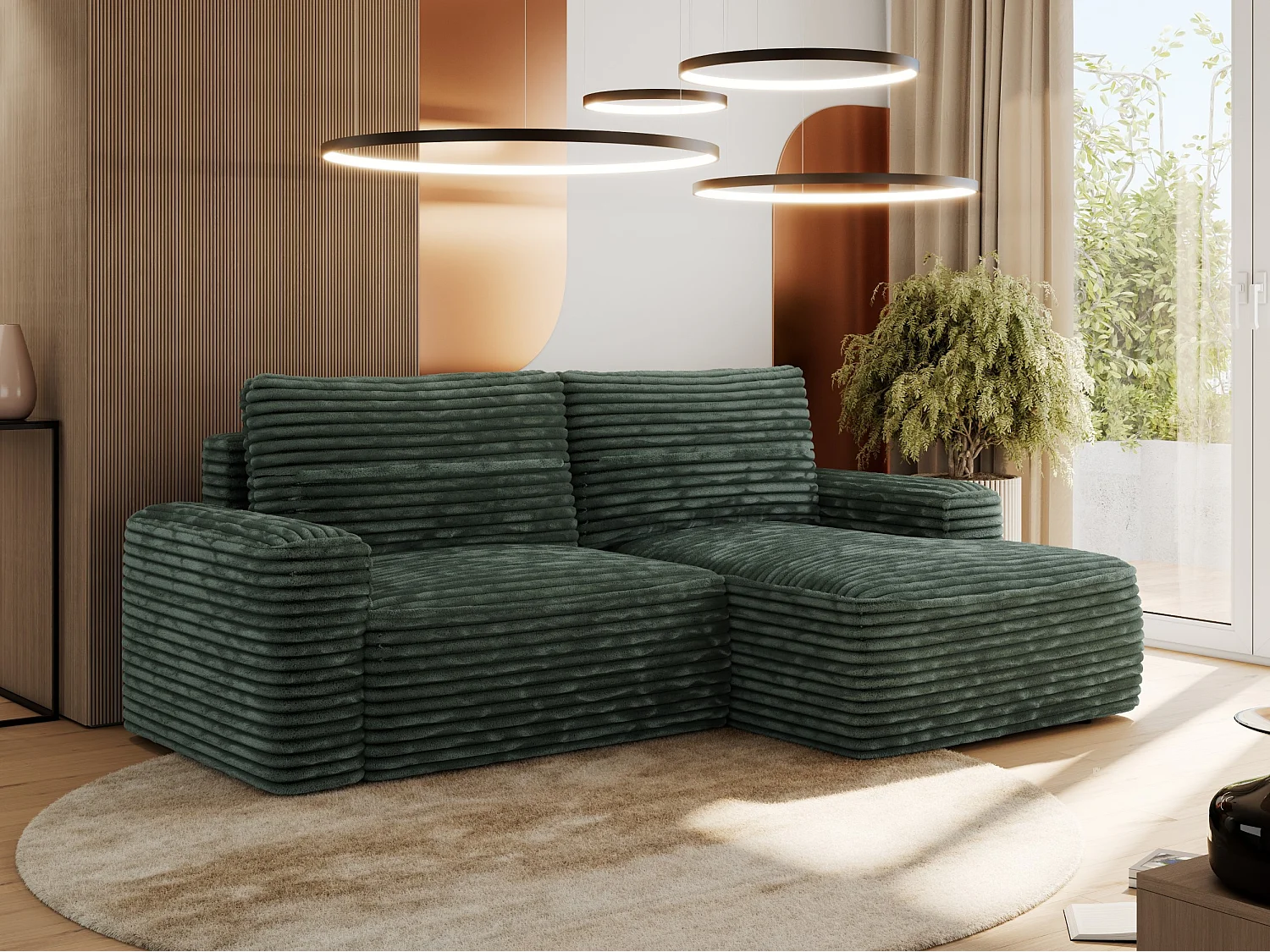 Ecksofa BELLUNO - Schlafsofa mit Bettkasten, Armlehnen, Couch L-form mit Schlaffunktion - Grün Cord - Ecke Rechts