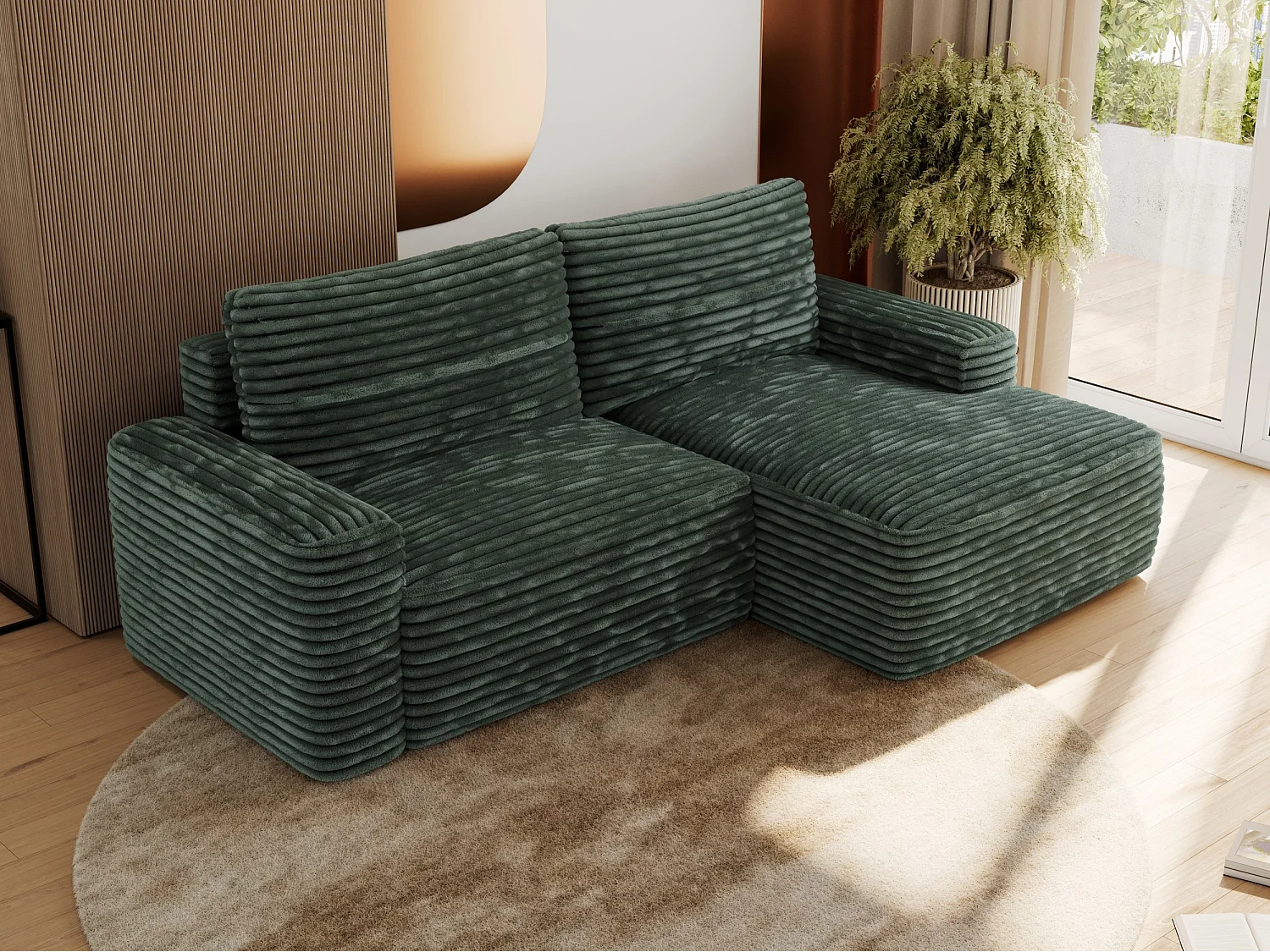 Ecksofa BELLUNO - Schlafsofa mit Bettkasten, Armlehnen, Couch L-form mit Schlaffunktion - Grün Cord - Ecke Rechts